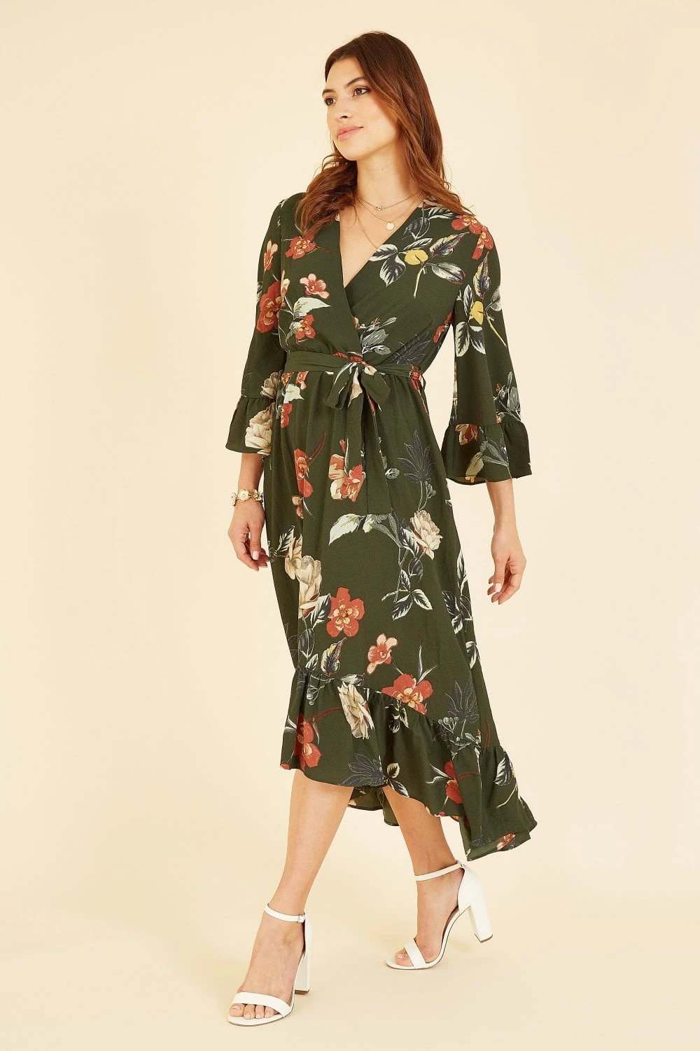 Yumi Green Floral Dip Hem Midi Dress 3 Yumi Green Floral Dip Hem Midi Dress - Image 3