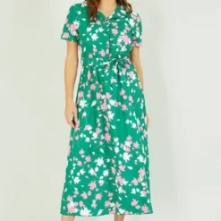 Yumi Green Floral Print Midi Shirt Dress