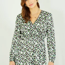 Yumi Green Geo Print Wrap Satin Midi Dress -Cheap My Dreamy Dress Store yumi green geo print wrap satin midi dress p14996 125690 image