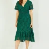 Yumi Green Lace Skater Midi Dress With Ruffle Hem