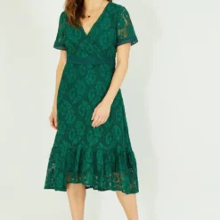 Yumi Green Lace Skater Midi Dress With Ruffle Hem -Cheap My Dreamy Dress Store yumi green lace skater midi dress with ruffle hem p16333 132227 image