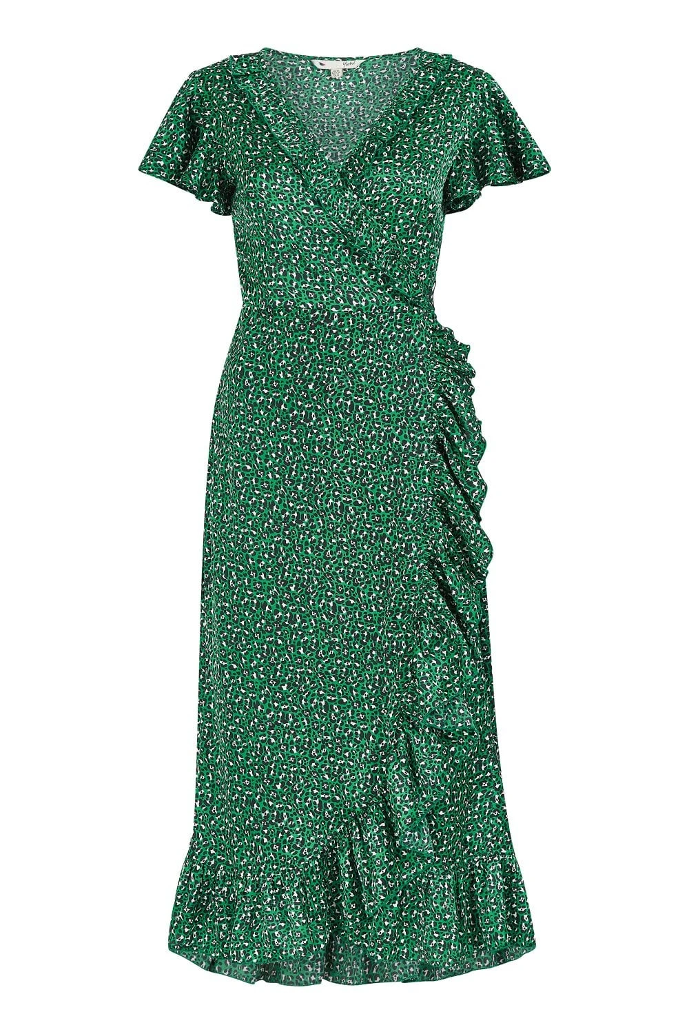 Yumi Green Leopard Satin Frill Wrap Midi Dress 4 Yumi Green Leopard Satin Frill Wrap Midi Dress - Image 4