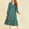 Yumi Green Pebble Print Long Sleeve Midi Dress