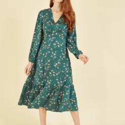 Yumi Green Pebble Print Long Sleeve Midi Dress