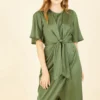 Yumi Green Satin Tie Detail Midi Dress