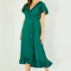 Yumi Green Satin Wrap Midi Dress