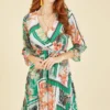 Yumi Green Scarf Print Tropical Pleated Dress With Belt