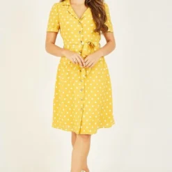Yumi Mustard Spotted Retro Shirt Dress