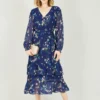 Yumi Navy Botanical Bird Print Gypsy Dress