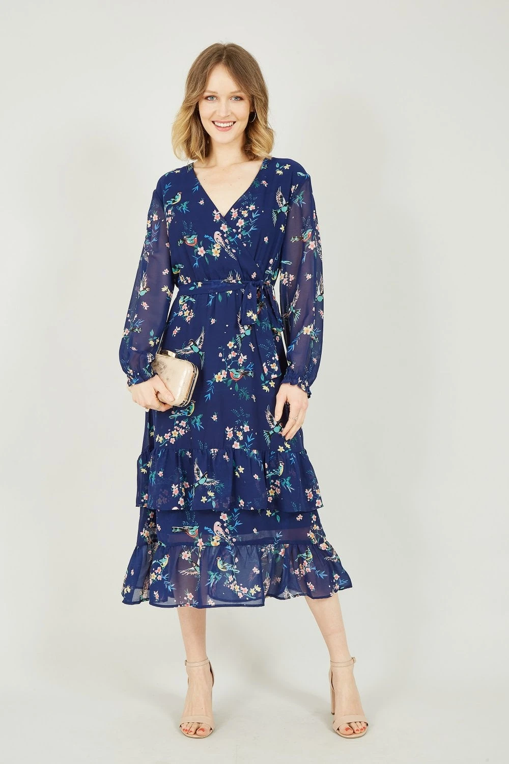 Yumi Navy Botanical Bird Print Gypsy Dress 1 Yumi Navy Botanical Bird Print Gypsy Dress
