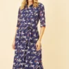 Yumi Navy Crane Print Midi Shirt Dress