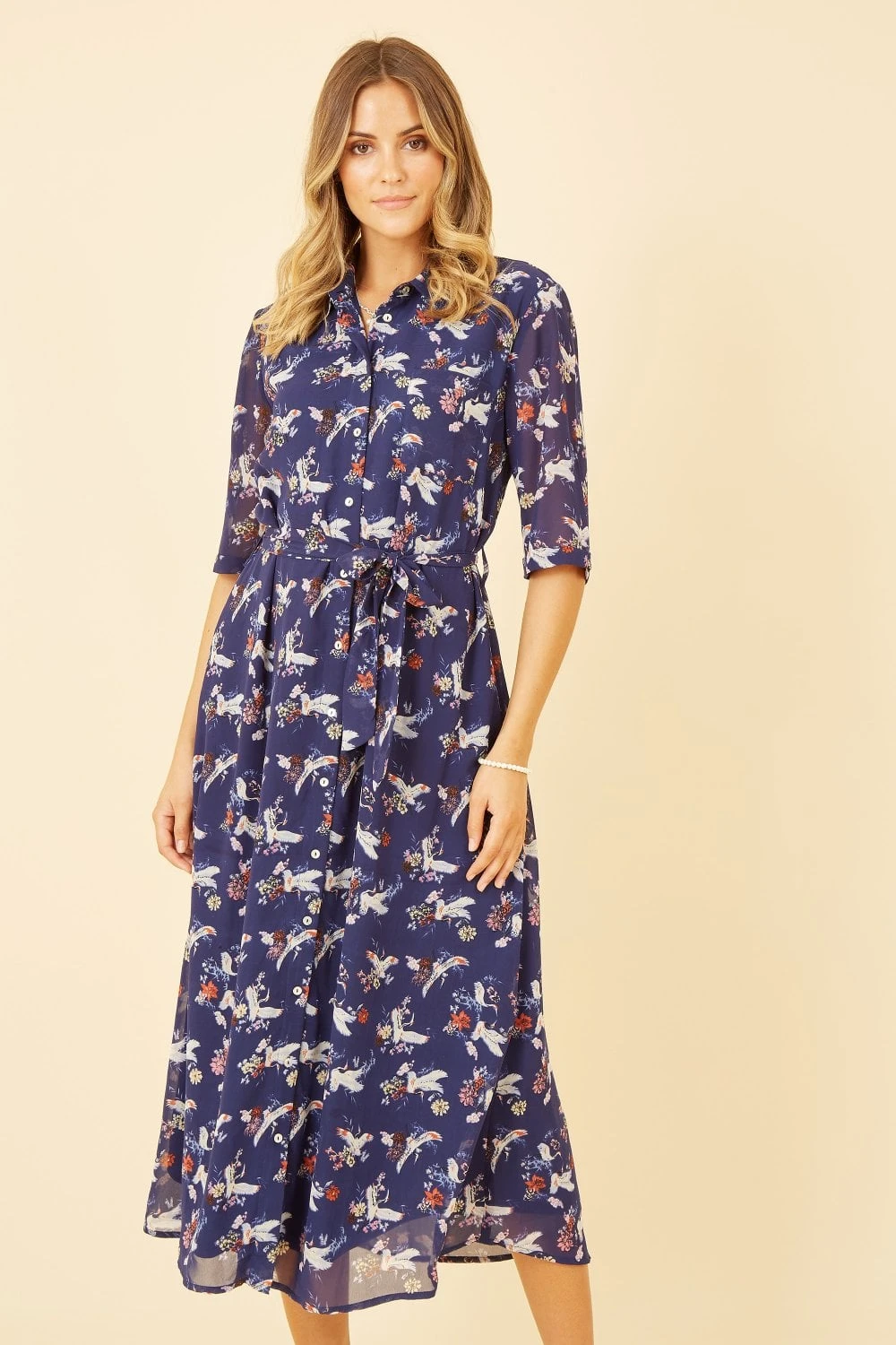 Yumi Navy Crane Print Midi Shirt Dress 1 Yumi Navy Crane Print Midi Shirt Dress