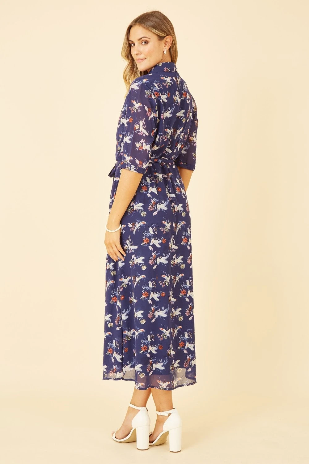 Yumi Navy Crane Print Midi Shirt Dress 3 Yumi Navy Crane Print Midi Shirt Dress - Image 3
