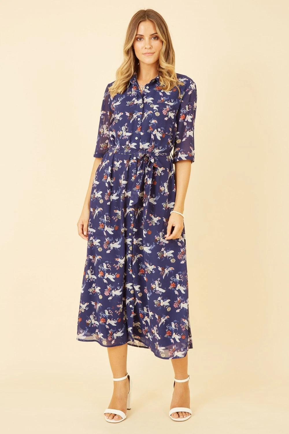 Yumi Navy Crane Print Midi Shirt Dress 4 Yumi Navy Crane Print Midi Shirt Dress - Image 4