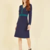 Yumi Navy Knitted Dress With Contrast Waistband And Button Detail