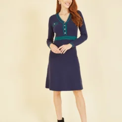 Yumi Navy Knitted Dress With Contrast Waistband And Button Detail -Cheap My Dreamy Dress Store yumi navy knitted dress with contrast waistband and button detail p16279 132046 image