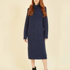 Yumi Navy Roll Neck Knitted Midi Jumper Dress