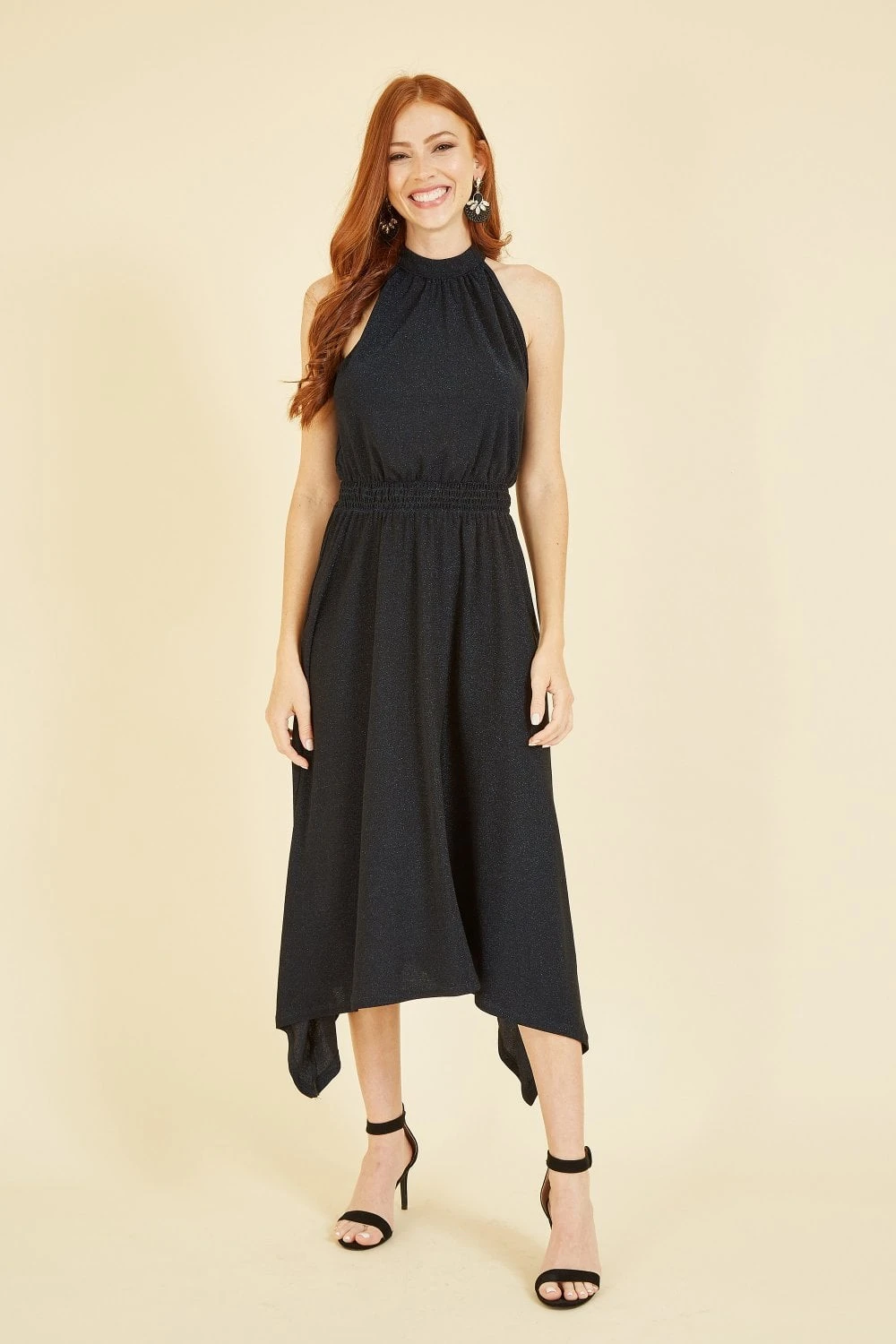 Yumi Navy Sparkle Halter Neck Handkerchief Midi Dress