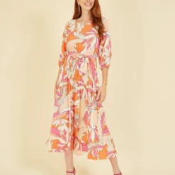 Yumi Orange Abstract Print Pleated Midi Dress -Cheap My Dreamy Dress Store yumi orange abstract print pleated midi dress p14544 123997 image