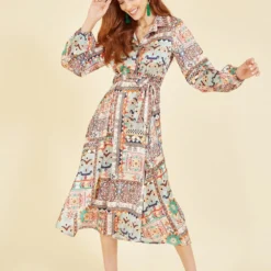 Yumi Patchwork Print Long Sleeve Shirt Dress