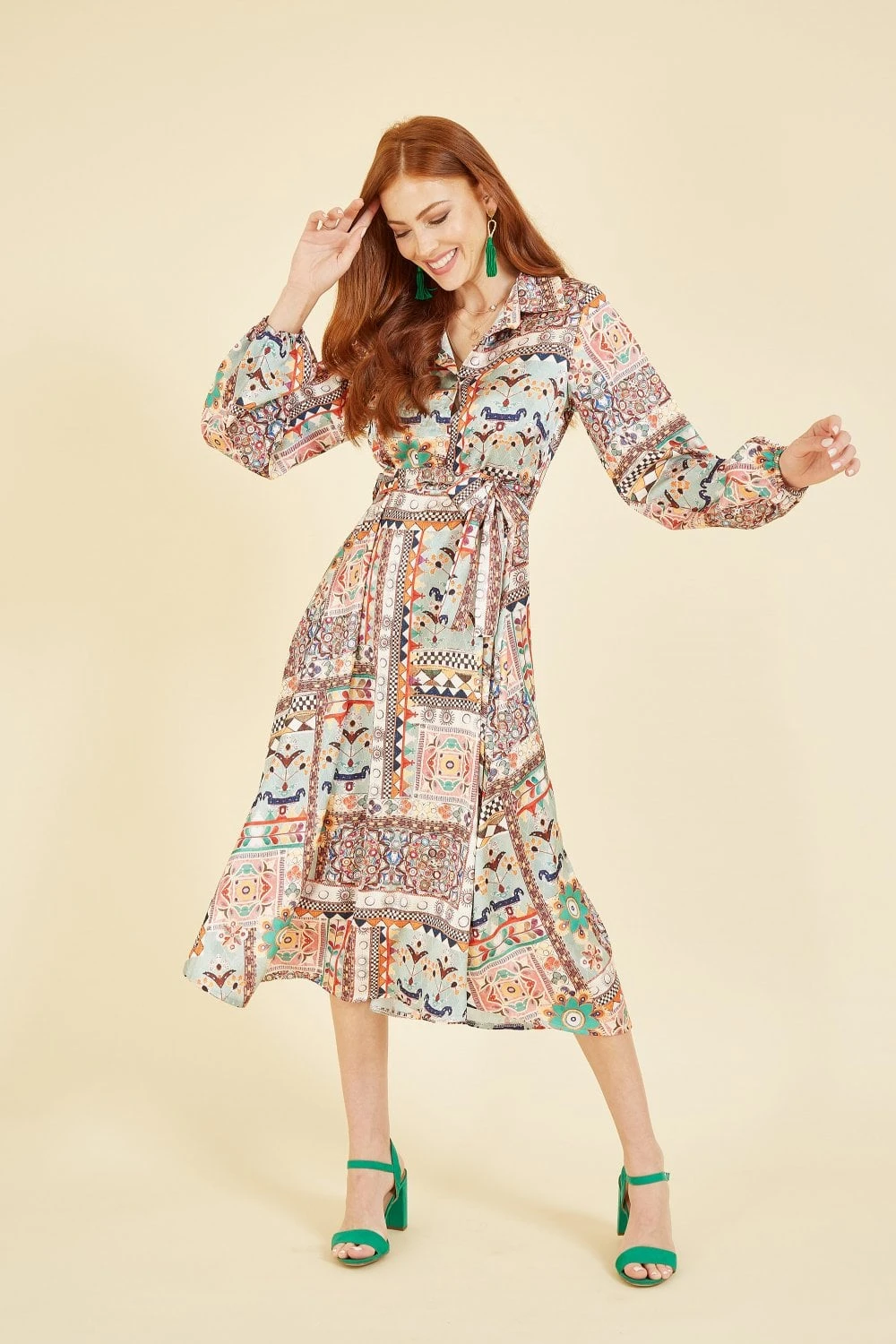 Yumi Patchwork Print Long Sleeve Shirt Dress 1 Yumi Patchwork Print Long Sleeve Shirt Dress