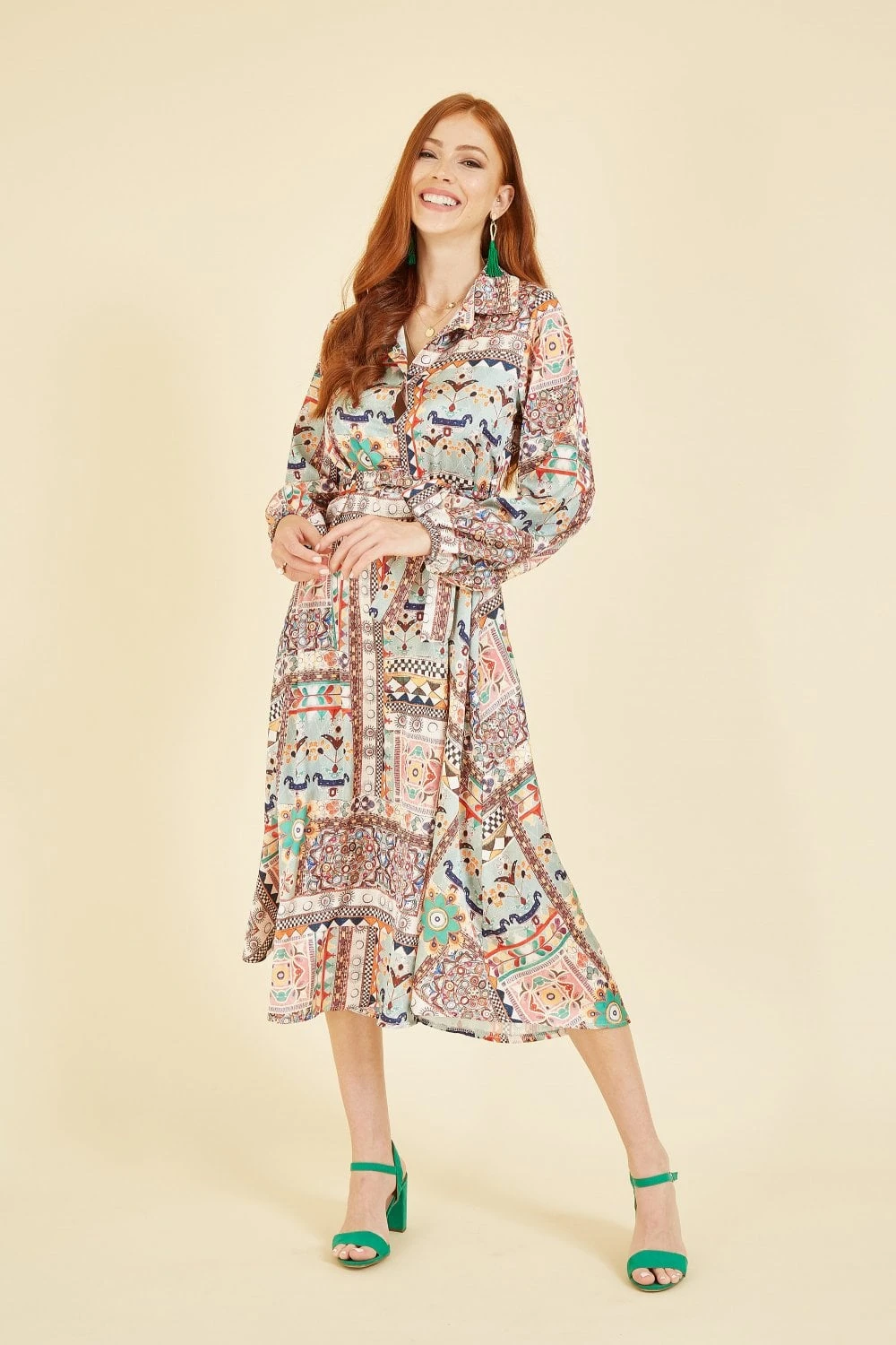 Yumi Patchwork Print Long Sleeve Shirt Dress 4 Yumi Patchwork Print Long Sleeve Shirt Dress - Image 4
