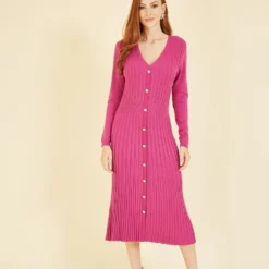 Yumi Pink Knitted Button Down Shirt Dress -Cheap My Dreamy Dress Store yumi pink knitted button down shirt dress p16312 132195 image