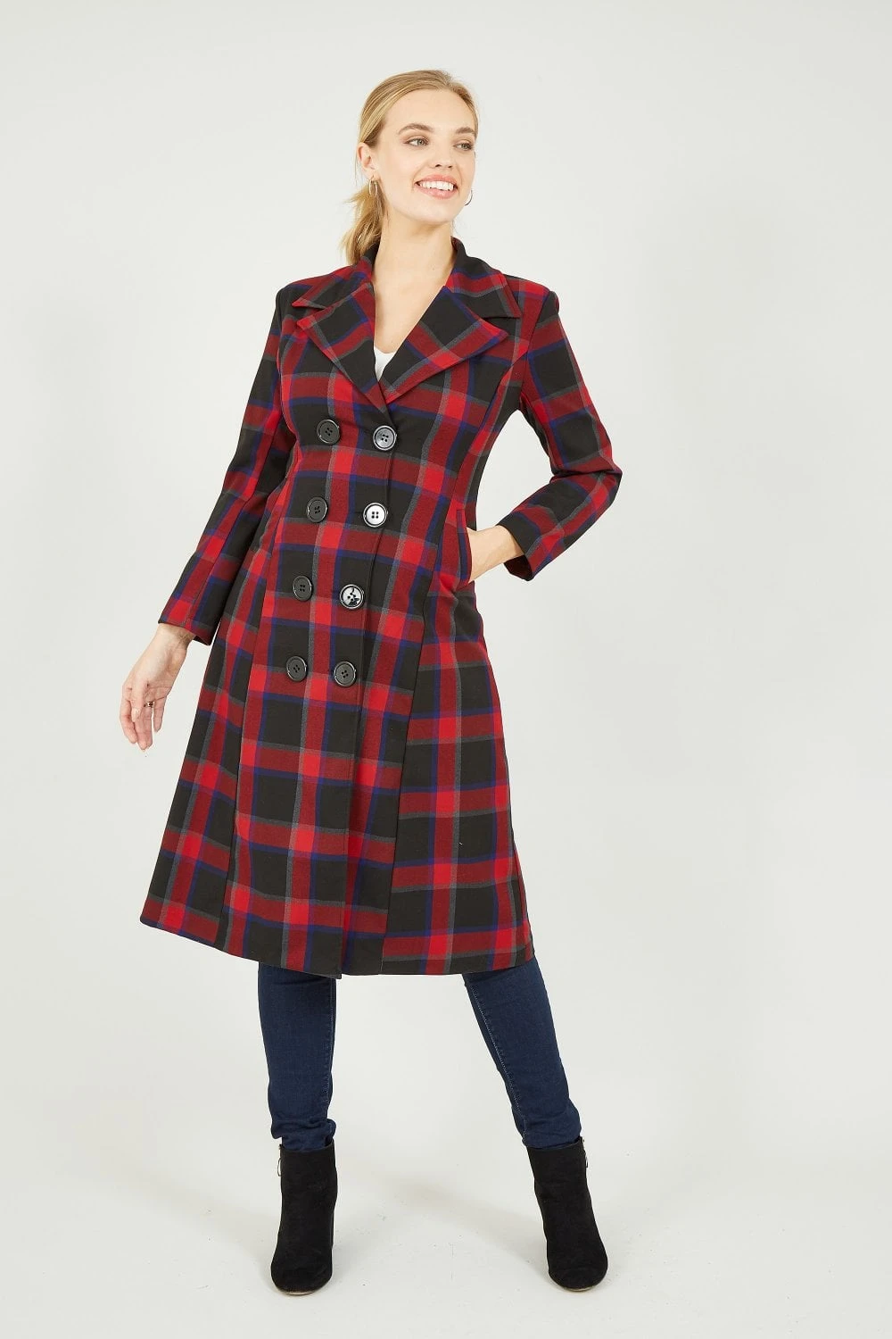 Yumi Red Checked Fitted Retro Dress Coat