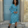 Zofia Blue Print Midi Wrap Dress With Bell Sleeve