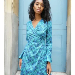 Zofia Blue Print Midi Wrap Dress With Bell Sleeve -Cheap My Dreamy Dress Store zofia blue print midi wrap dress with bell sleeve p15507 128207 image