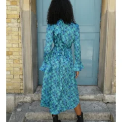 Zofia Blue Print Midi Wrap Dress With Bell Sleeve -Cheap My Dreamy Dress Store zofia blue print midi wrap dress with bell sleeve p15507 128208 image